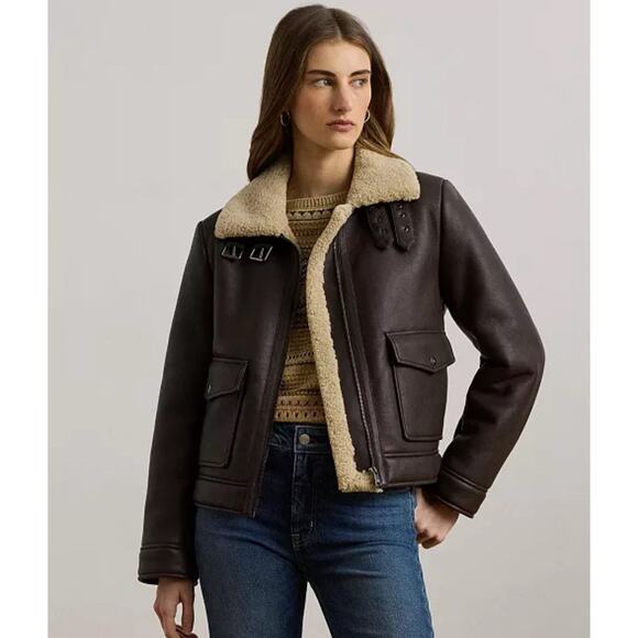 NWT Ralph Lauren Women's Fleece-Collar Faux-Leather Jacket Circuit Brown small - Picture 8 of 12